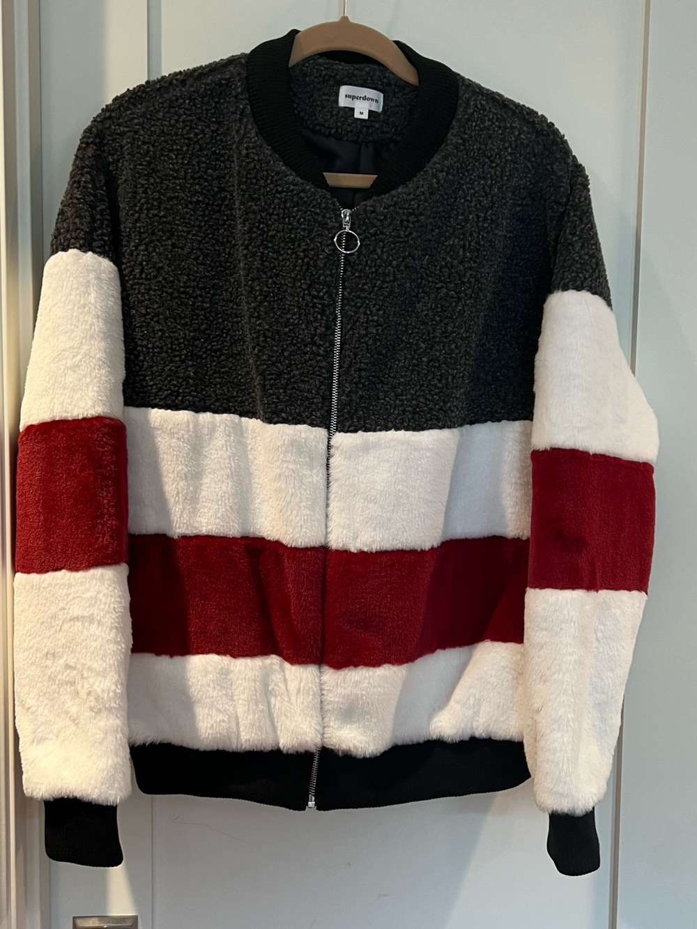 superdown Colorblock Faux Sherpa Bomber Jacket - Black/White/Red